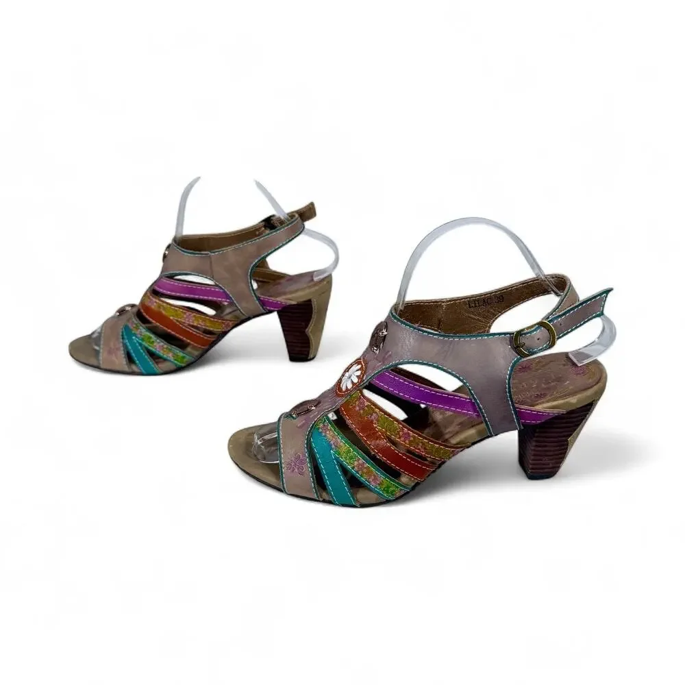 Spring Step L'Artiste Women's 39 US 8.5 Leather Boho Open Toe Heeled Sandals - Picture 2 of 13